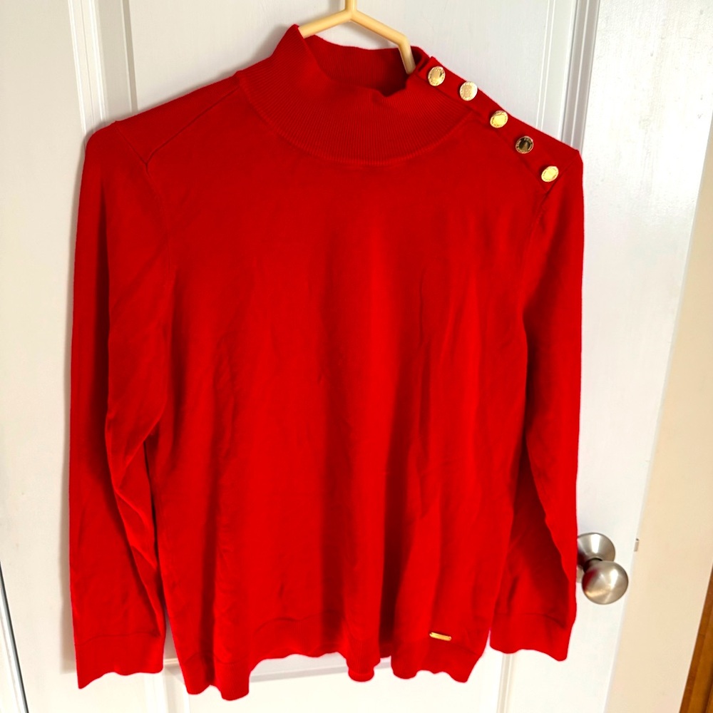 Calvin Klein red turtleneck top with gold button accents.  Size M.  EUC